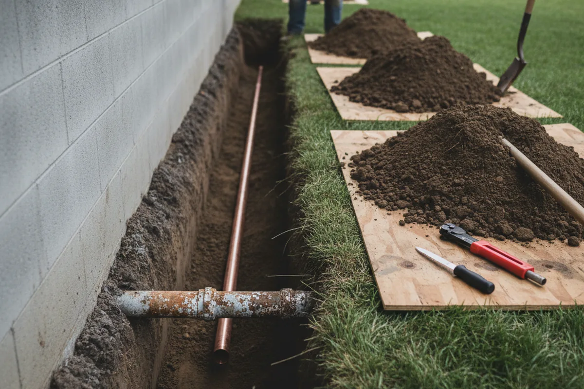 Excavated water line trench during Water Softener Installation in Squaw Valley